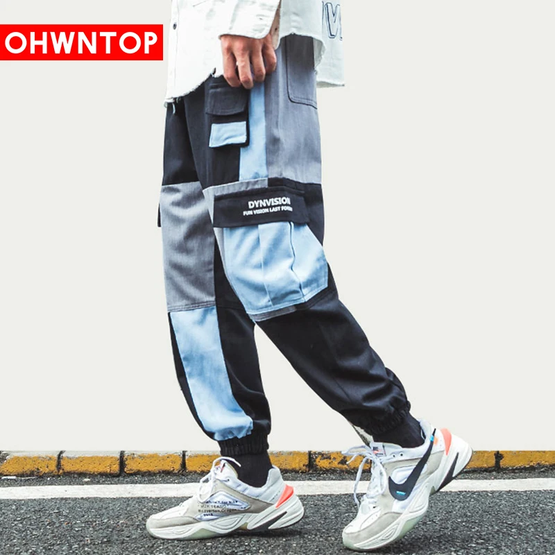 

Side Multi Pockets Color Block Patchwork Cargo Harem Joggers Pants Hip Hop Harajuku Casual Streetwear Sweatpants Trousers Men