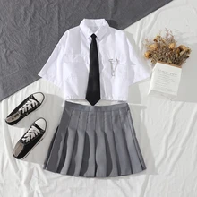 

Summer New Female Harajuku BF Loose 2 Piece Set Fashion Skirt Short Sleev+Shirt High Waist Thin Pleated A-Line Skirt Streetwear