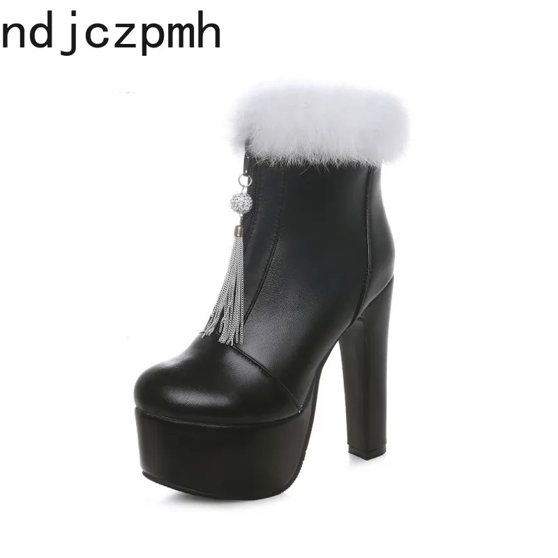 

Women's Boots New Winter Fashion Plush Tassel Round Head Zipper High Heel Short Tube Women's Shoes Size 31-48 Heel Height 14cm