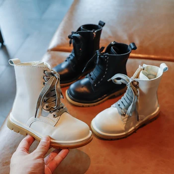 

Autum Kids Leather Shoes Girls Martin Boots Lace Up Solid Color Boys Ankle Boots Fashion Big Girl Shoes Warm Anti-slip SZ291