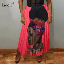 Liooil красный желтый сексуальный Макси-юбка с принтом Женская Клубная одежда осень Мода большие качели вечерние длинные Высокая талия плиссированные женские юбки