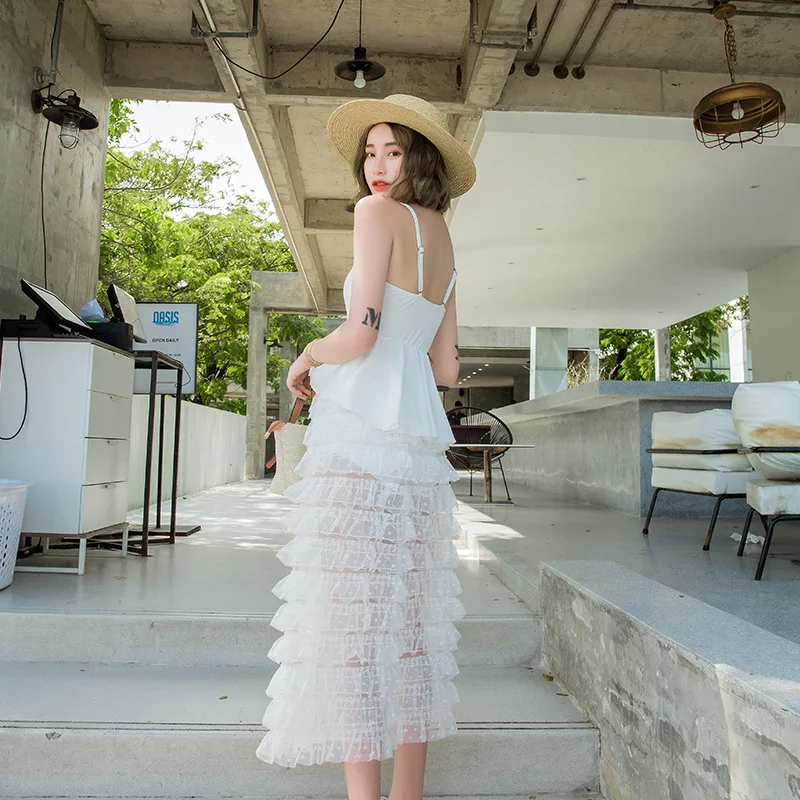 

2019 New Style Korean-style Solid Color Bathing Suit Women's Low-Cut Backless Boxer Frilled Three-piece Set Two-piece Swimsuits