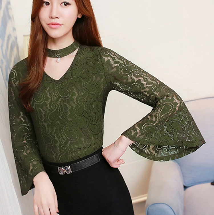 Sexy Women Tops 2020 Sexy V Neck Blouses Flowers Casual Hollow Out Lace Solid Nine Sleeve Shirts Blusas korean Tops 208F 9