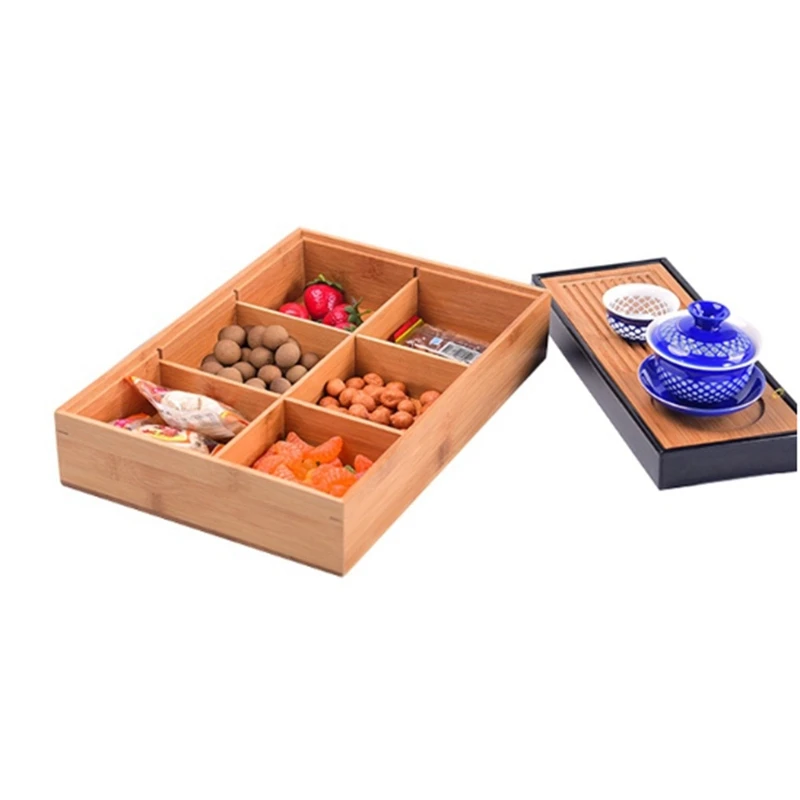 Креативная бамбуковая коробка для хранения с 6 сетками, поднос для чая, конфет, закусок, сухофруктов, орехов, коробка, съемный органайзер, украшение дома