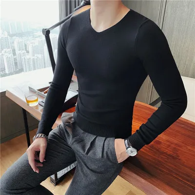 2021 new men's fashion brand V-neck casual knitted pullover bottoming sweater muscle brothers long-sleeved sweater Slim men mens sweaters on sale Sweaters