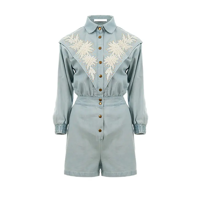light blue GCC1103 XITAO Бисероплетение лоскутное заклепки джинсовые комбинезон женщин одежда Тонкий Свободный Повседневный отложной воротник Модный комбинезон GCC1103 - Цвет: light blue GCC1103