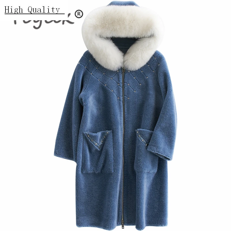 

Real Fur Coat Winter 100% Sheep Shearing Jacket with Large Fox Fur Hooded 2020 Korean Thick Warm Wool Long Jacke 18231051