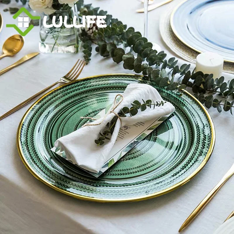 Роскошная стеклянная тарелка с золотыми краями 13 дюймов большие тарелки