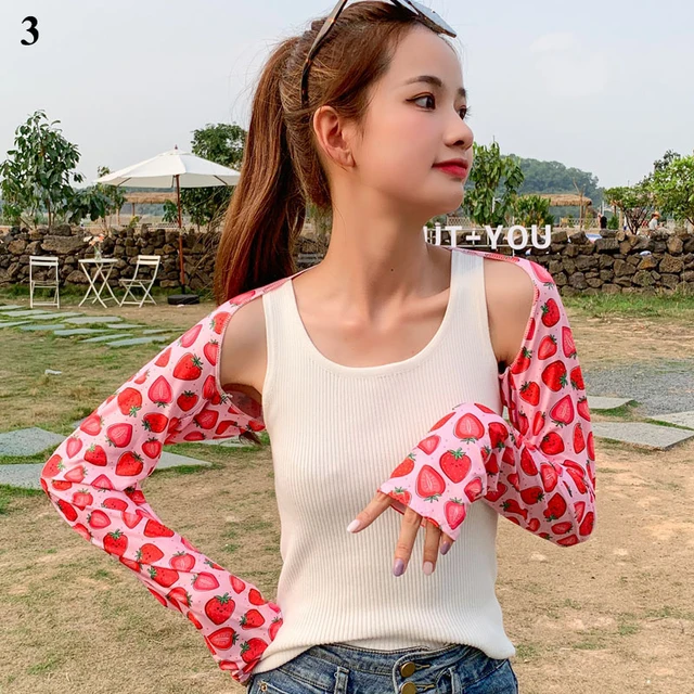 long fake sleeves Scar Cover Gloves Fake Sleeve Foldable Siamese Sun Protection Elbow Cuff Arm Cover Driving Arm Warmers Sleeves red Strawberry