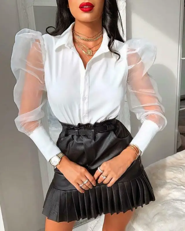 

New 2020 Womens V-Neck Shirt Tulle Ruffle Long Puff Sleeve Shirt Solid Lady Shirts All-Matching Autumn Women Tops Casual Shirt