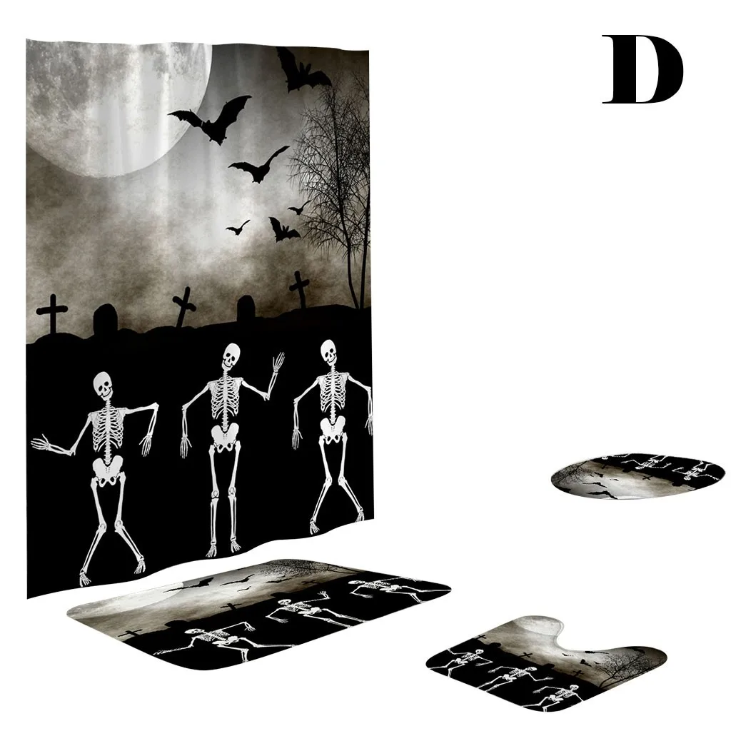 Happy Halloween Cover Mat Set Bathroom Shower Curtain Mat Set Bathroom Shower Curtain Waterproof Fabric Curtain Four-Piece