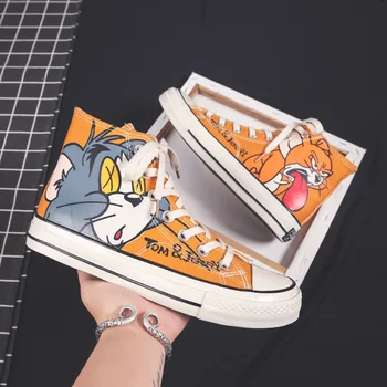 

Men Canvas Shoes High Top Vulcanize Shoes Black Men Sneakers with Cartoon Print 2020 New Arrival Man Designer Casual Shoes