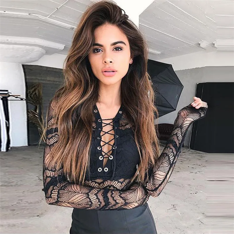 Fashion Sexy Women Bodysuit Front Lace Up Fitness Jumpsuit Black Hollow Out Overralls 2020 Solid V-Neck Long Sleeve Body Mujer | Женская
