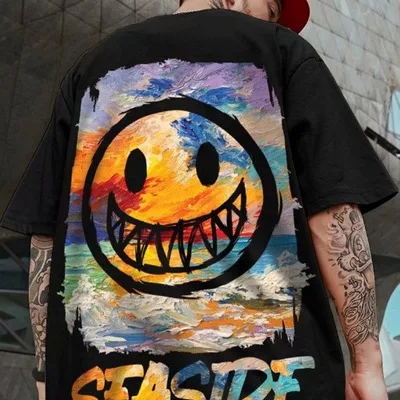 National trend oversize short-sleeved t shirt for men with small devil face and large size lovers wear bf loose fat man hal | Мужская