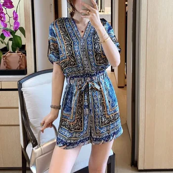 

Runway Designer Sexy V-Neck Bohemian Retro Print Belt Elegant Temperament Slim Fit Jumpsuit Shorts Women'S Clothing High Quality