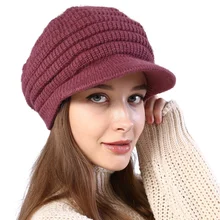 Женские зимние вязаные козырьки, шапки для девочек, теплые одноцветные женские теплые вязаные шапки