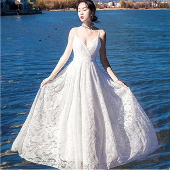

2020 New Summer Lace Embroidery Long Maxi Beach Dress Women Spaghetti Strap Backless Big Swing Seaside Holiday Dresses
