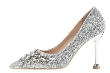 Женская обувь для вечеринок; блестящая обувь со стразами; цвет золотой; вечерние туфли на среднем каблуке 6 см; удобная обувь для матери и невесты - Цвет: Silver 10cm heel