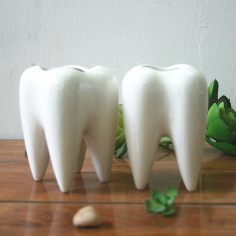 Desktop decoration white ceramic pen holder succulent potted flower pot cute white teeth ceramic flower potT