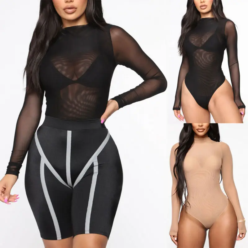NEW Women Long Sleeve Sheer Bodysuit Bodycon Jumpsuit Romper Leotard Tops Blouse