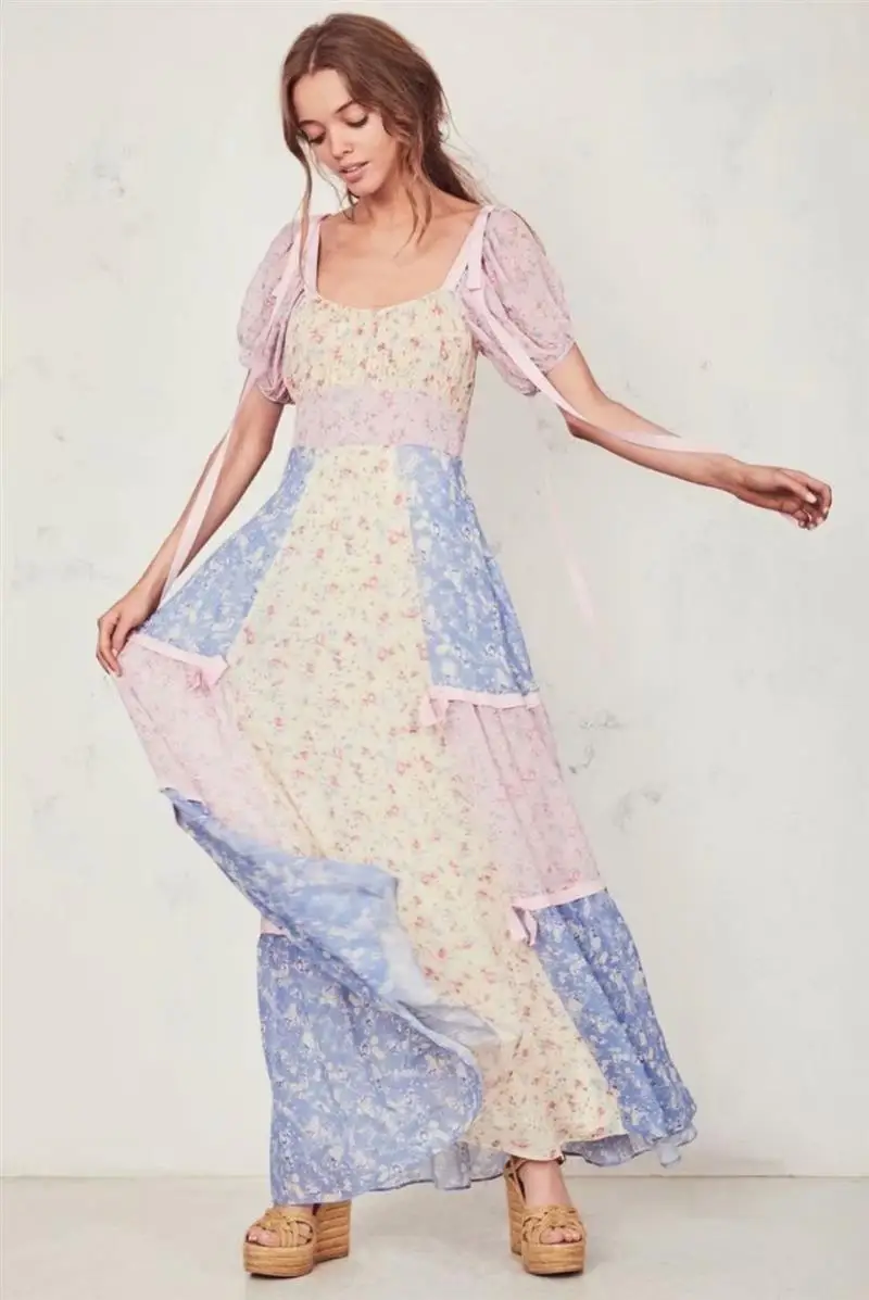 KHALEE YOSE Цветочные Boho Макси платье Летнее лоскутное длинное платье пышные рукава шикарные женские многоярусные ленты квадратный вырез пляжное платье
