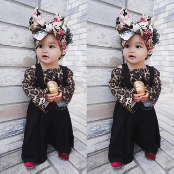 

Girl Children's Set Trumpet Sleeve Leopard Top Bib Suit 2019 Girls Autumn Winter Set Children's Clothes Baby Girl Costume Dress
