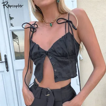 

Rapcopter Sexy Spaghetti V Neck Black Cropped Top Single Breasted Backless Sexy Camisole Beach Summer Ruched Tops Streetwear
