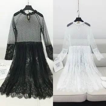 

Fashion Women Sexy Long Sleeve Mesh Embroidered Perspective Loose Clubwear Casual Lace O-Neck Cover-Ups