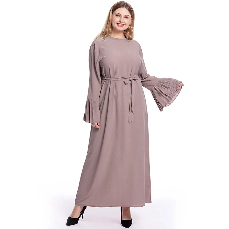 5XL размера плюс, длинные халаты, женское мусульманское длинное платье, плиссированное, с длинным рукавом, с поясом на талии, одноцветные, Средний Восток, рамаданс, платье абайя - Цвет: Розовый