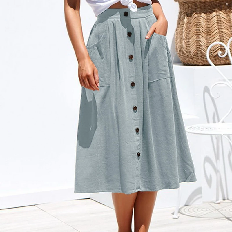 

2020 Summer Women Skirts All-match Solid A-Line Skirt Pocket Buttons Mid-length Skirt XL Loose Elegant Ladies Clothing New
