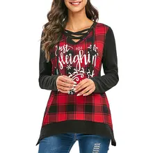 

Christmas V-Neck Hollow Out Tops for Women Autumn Long Sleeve T Shirt Loose Fashion Party Snowflakes Letter Plaid Print Pullover
