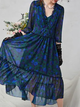 

Floral Printing Vintage Women's Ruffles Midi Dress Three Quarter Sleeve Front Short Back Long N-neck French Long Dress