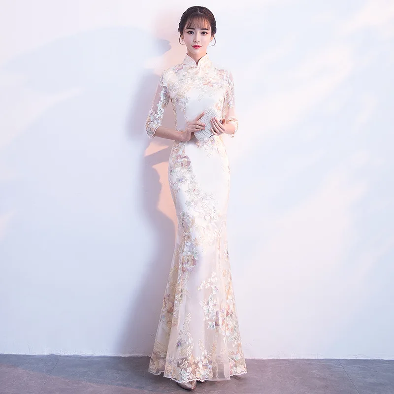 Элегантное китайское вечернее платье Qipao, винтажное тонкое платье русалки, кружевное Цветочное платье подружки невесты, Cheongsam
