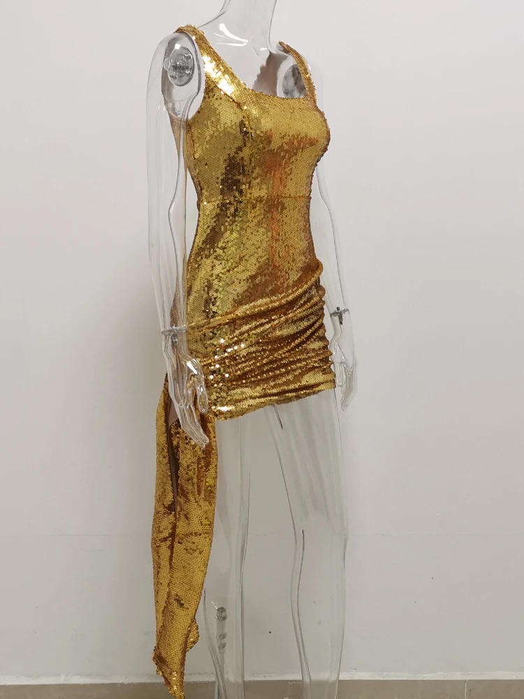 JillPeri/мини-платье без рукавов с квадратным вырезом и золотыми пайетками, сексуальное короткое платье с высокой талией и рюшами, вечерние платья знаменитостей