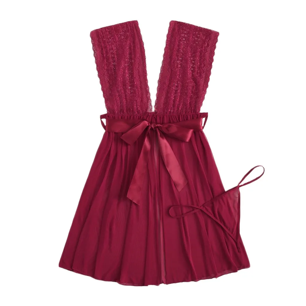 

New Women set Plus Size Contrast Lace Bow V-Neck Backless Dress Lingerie With Thong Black sexy underwear set Conjunto de #BZP