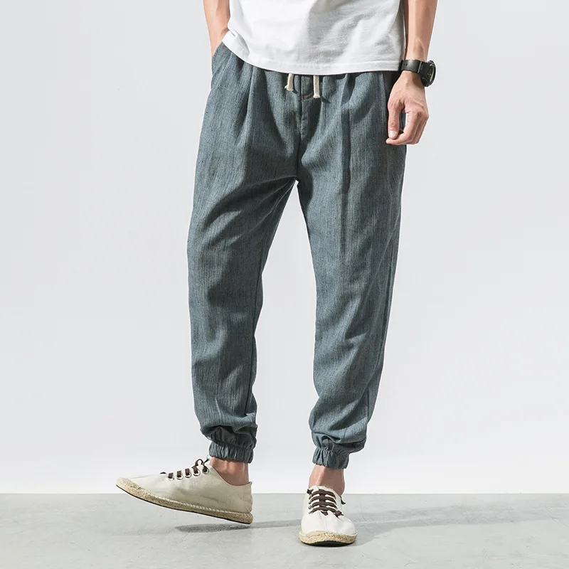 

2019 Japanese-style Capri Pants with Drawstring Skinny Pants Loose-Fit Solid Color Flax Summer Versatile Large Size Thin Men'S W