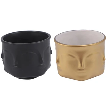 

2x Artist's Residence Face Flower Pot Decoration Potted Planting Garden White Pottery Vase Black /Golden Ceramic