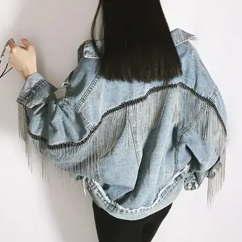 

Inspired Denim Jacket Women Metallic Beaded Fringes Long Sleeve Jacket Coat 2019 Boho Casual Denim Outwear Chaqueta