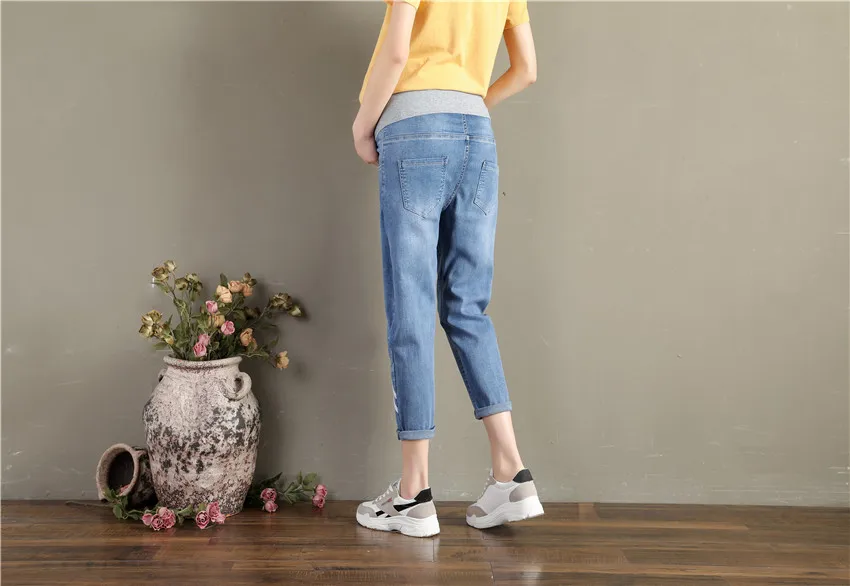 A301# лето весна мода джинсы для беременных высокая талия живот повседневные свободные брюки Одежда для беременных женщин беременность