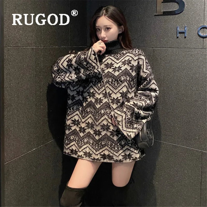 RUGOD модный жаккардовый переплетенный свитер с принтом для женщин на весну и зиму толстый длинный пуловер с воротником Свободный джемпер Pull femme