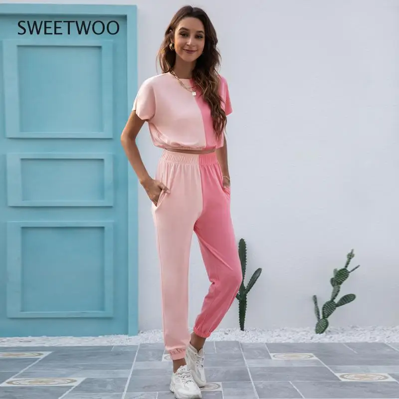 Contrast Color Tracksuit Women Two Piece Set Summer Clothes Short Sleeve Crop Top + Pants Sweat Suit Casual Women's Sets Outfits