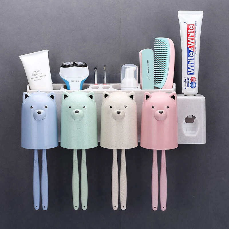 

Cute Cartoon Bathroom Automatic Toothpaste Dispenser Toothpaste Squeezer Toothbrush Holder Bathroom Organizer wall shelf