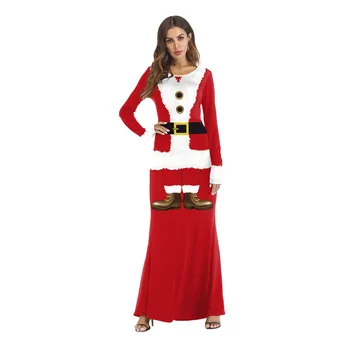 

New Year Cosplay Party Long Sleeve Santa Claus Costumes for Adult, Women Luxury Christmas Princess Queen Long Dress