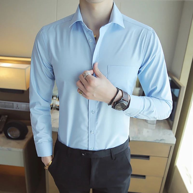 Men Blouse Shirts Autumn Fashion Solid Color Lapel Top Casual Slim Button Shirts Long Sleeve Shirt Men Plus Size Shirt - Цвет: 03