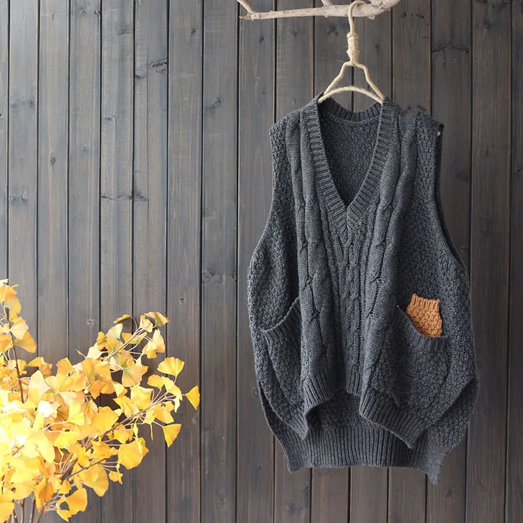 Mori Girl женский свитер Пуловеры хлопок вязаный свободный v-образный вырез Карманы Осень Зима Мода свободная блузка YoYiKamomo