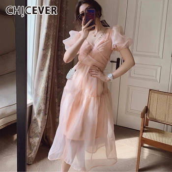 

CHICEVER Patchwork Mesh Women's Dress Cross V Neck Puff Short Sleeve High Waist Loose Tunic Midi Dresses Female 2020 Fashion