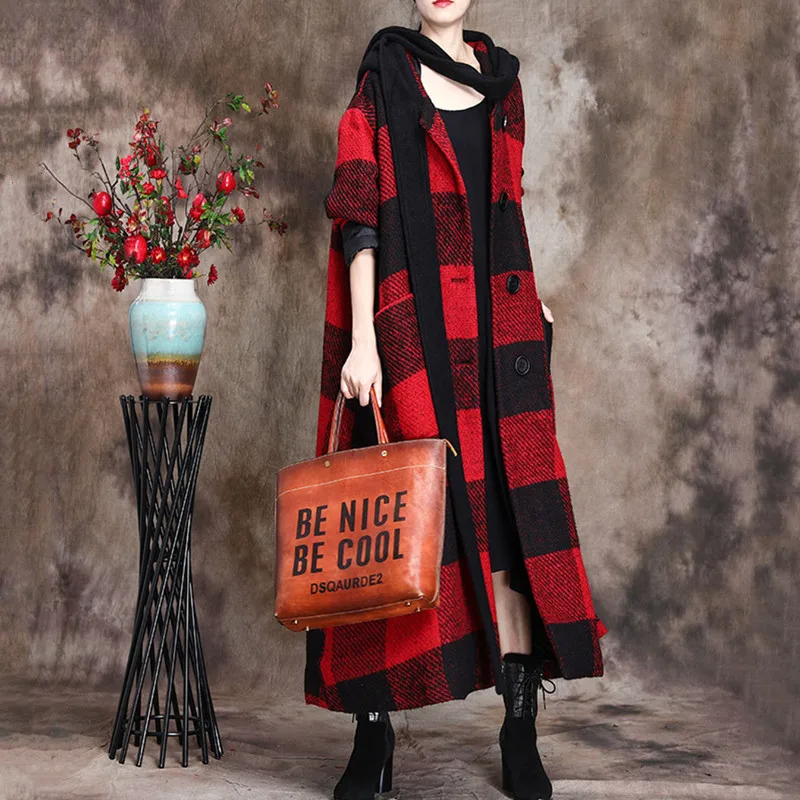 

Winter The New Large Size Women's Retro Loose Version Lattice Wool Coats Hooded Padded Cloak Woolen Jacket