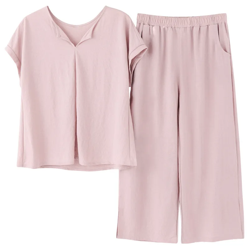 

Women's Pajamas Set for Summer Cotton and Linen Short-Sleeved Thin Cropped Pants Plus-sized Linen Home Pajamas Women
