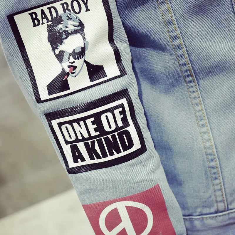 Hot 2020 Fashion Printed Denim jacket men slim retro spring autumn young students Japanese jacket long sleeve light color coat