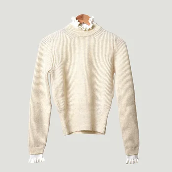 

19 Temperament Lady Solid Color Auricularia Auricularia Edge Collar Joker Knitting Shirt Top Female 91112